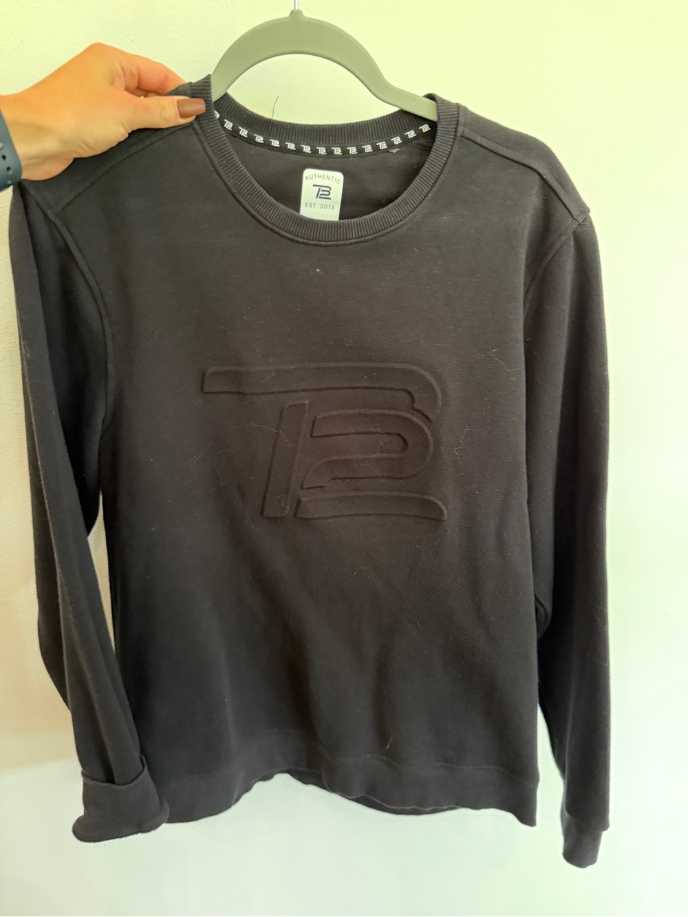 Men's Crewneck Sweater with Embossed Logo in Charcoal